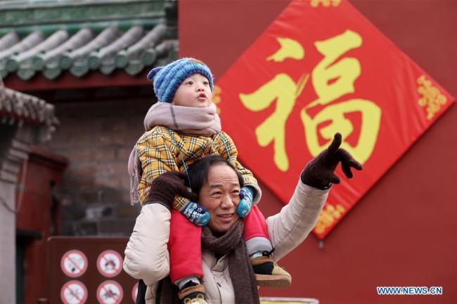 Des visiteurs se promènent dans le parc Ditan, également connu sous le nom de parc du Temple de la Terre, le 27 janvier 2018 à Beijing. (Photo / Xinhua)
