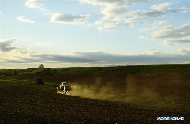 Un tracteur travaille dans les champs dans la province de León, en Espagne, le 27 avril 2018. (Xinhua/Guo Qiuda)