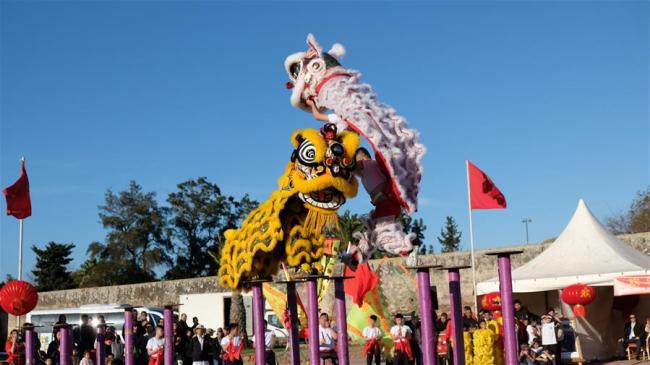 Des artistes chinois de Shenzhen présentent une danse du lion lors d'une manifestation pour célébrer la fête du Printemps chinois à Témara, au Maroc, le 28 janvier 2019. La fête du Printemps tombe le 5 février cette année . (Photo : Chen Binjie)