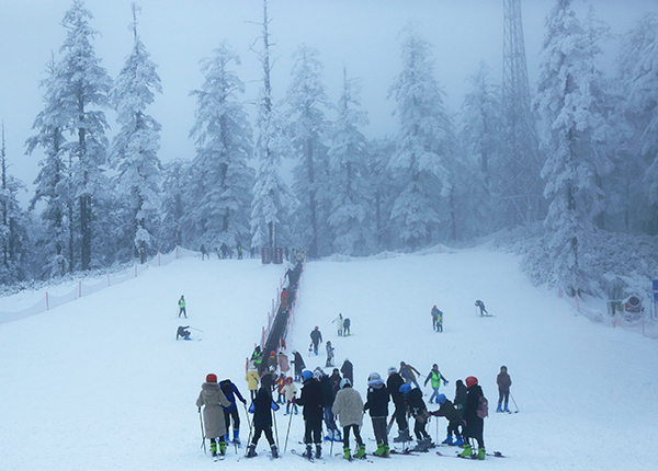 Les touristes font du ski dans le site