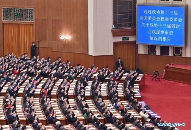 Η τελική συνεδρίαση της τέταρτης συνόδου της 13ης Εθνικής Επιτροπής της Κινεζικής Λαϊκής Πολιτικής Συμβουλευτικής Διάσκεψης (CPPCC) πραγματοποιείται στη Μεγάλη Αίθουσα του Λαού στο Πεκίνο, την πρωτεύουσα της Κίνας, στις 10 Μαρτίου 2021. (φωτογραφία: Xinhua)