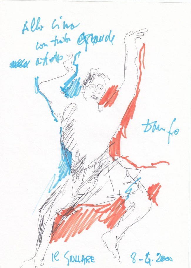 Il disegno del Premio Nobel di letterattura Dario Fo fatto l '8 aprile 2000 a Torino durante un'intervista del Corrispondente del Quotidiano del Popolo