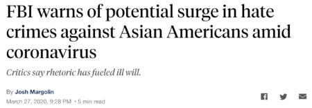 27 марта Американская вещательная компания (ABC) опубликовала статью, в которой говорится, что коронавирусная эпидемия привела к значительному росту числу случаев дискриминации азиатов в Соединенных Штатах.