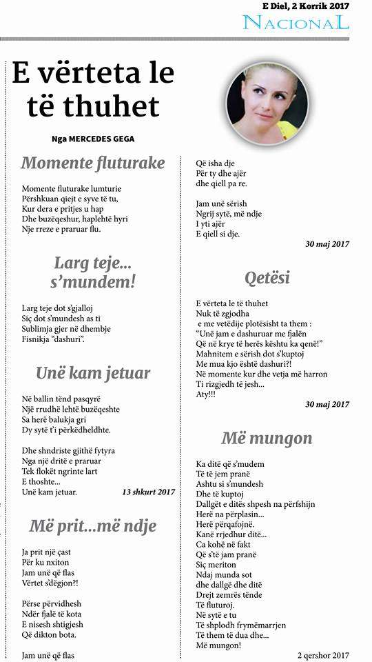 Poezi nga Mercedes Gega botuar në median shqiptare (Facebook)