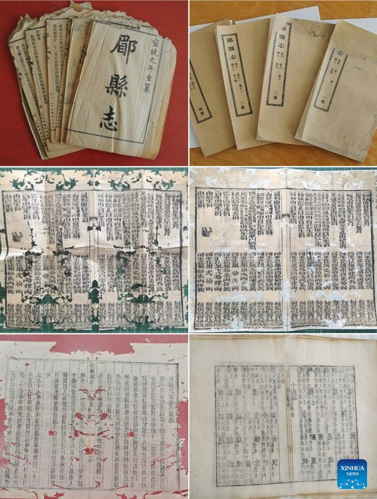 Αυτή η συνδυασμένη φωτογραφία αρχείου που παρέχεται από τη βιβλιοθήκη του Πανεπιστημίου Τζιλίν δείχνει τη σύγκριση ορισμένων αρχαίων βιβλίων πριν και μετά την αποκατάσταση. (Xinhua)