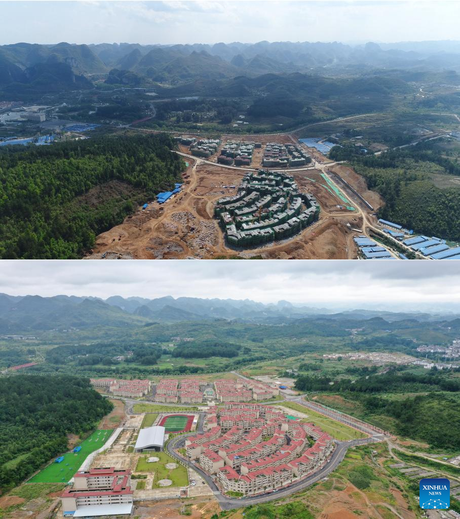 Αυτή η σύνθετη φωτογραφία δείχνει μια τοποθεσία μετεγκατάστασης στον δήμο Κεντού της κομητείας Πινγκτάνγκ, στην επαρχία Γκουιτζόου της νοτιοδυτικής Κίνας στις 29 Μαρτίου 2018 (πάνω) και στις 19 Ιουλίου 2022 (κάτω), αντίστοιχα. (φωτογραφία/Xinhua)