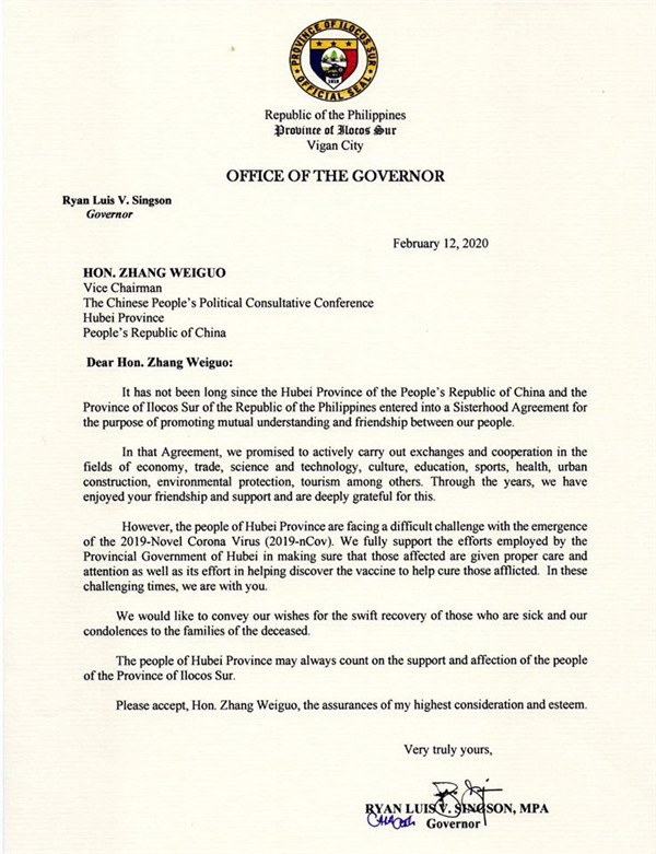 Gobernador ng Ilocos Sur, nagpahayag ng suporta at pangungumusta sa paglaban ng Hubei sa epidemiya ng COVID-19